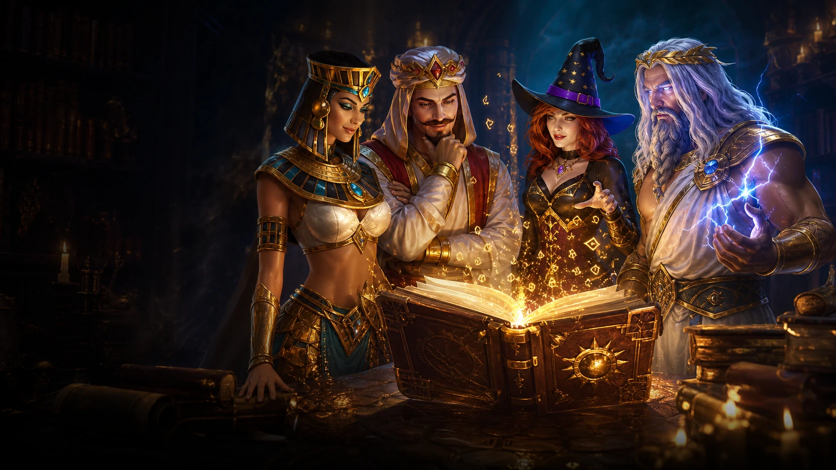 Iconic book-game heroes gathered around a glowing magical volume
