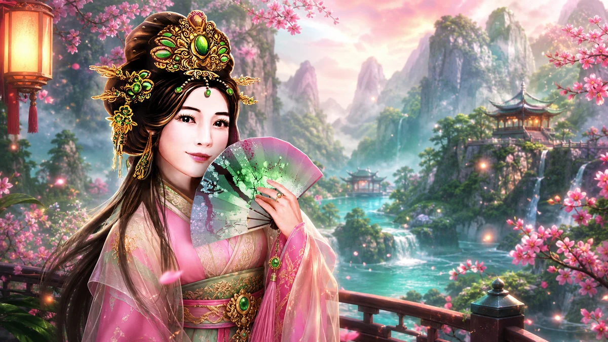 The Jade Valley heroine in a cinematic Chinese fantasy landscape