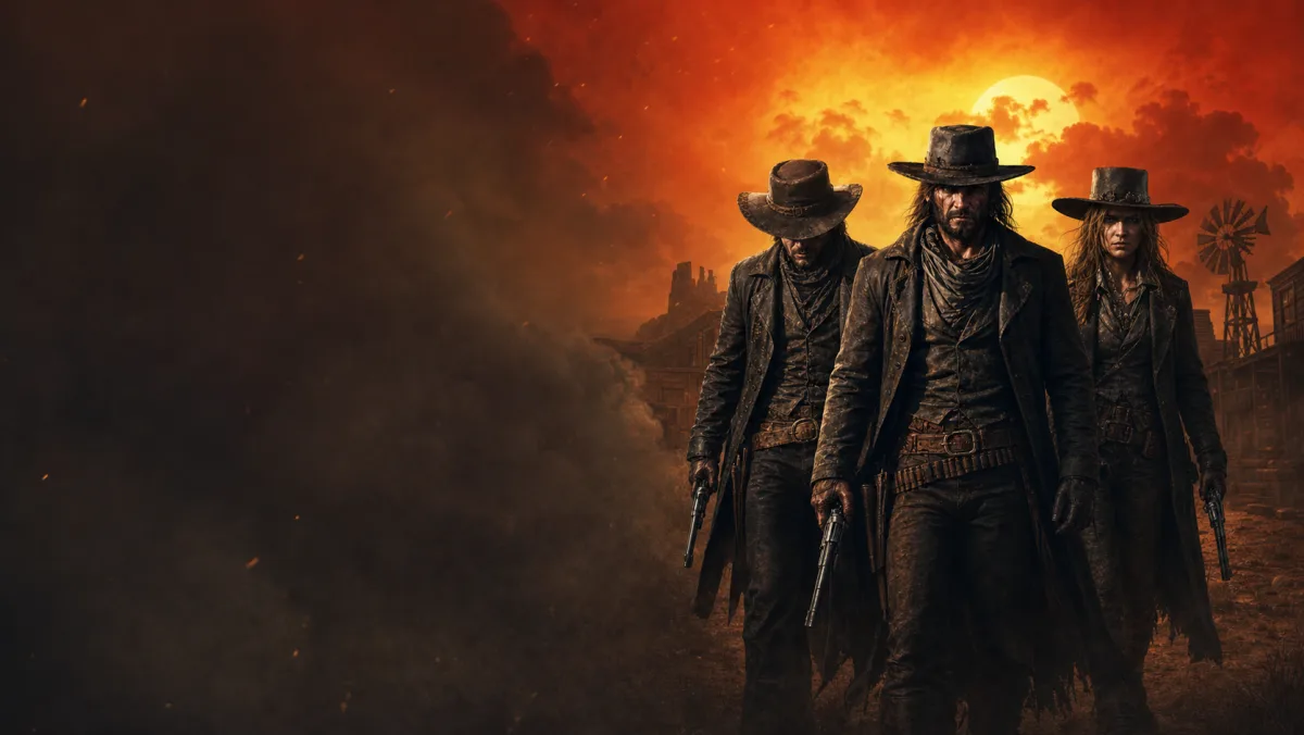 Three black-clad outlaws in a cinematic western game world